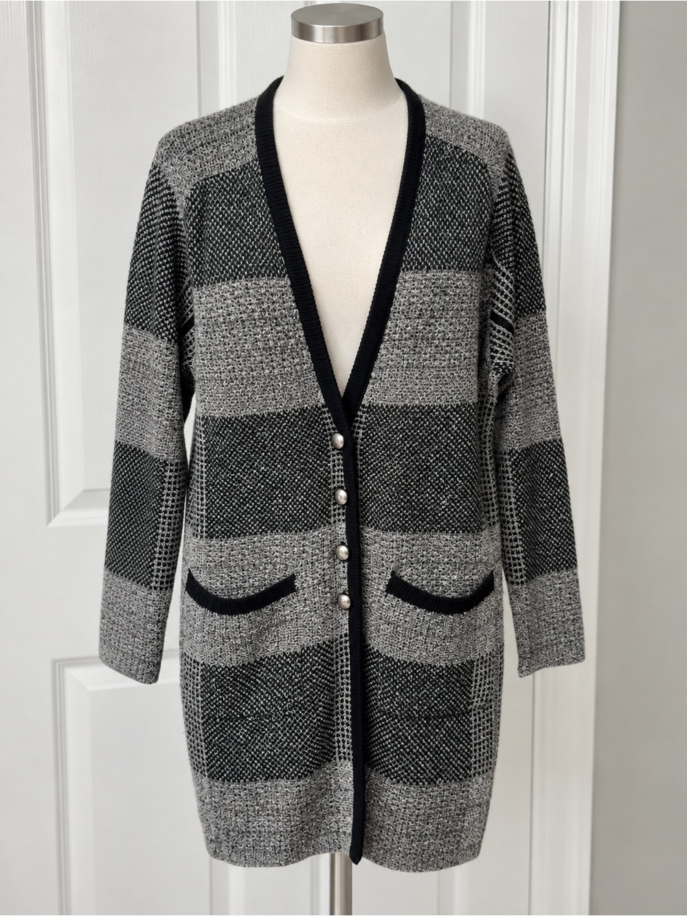 le chateau Black and Gray Striped Knit Cardigan with Silver Buttons